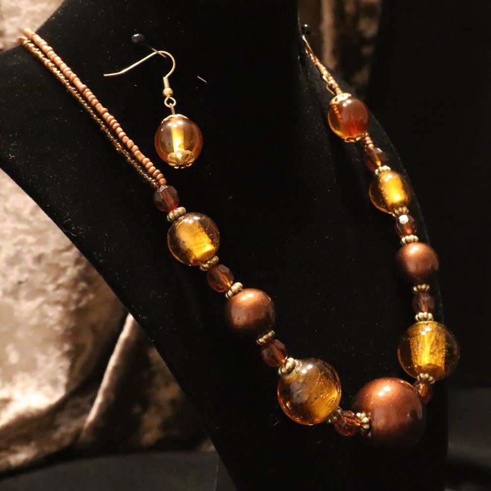 Big Glass Bead Choker and Dangle Earrings in Clear + Opaque Ambers and Browns
